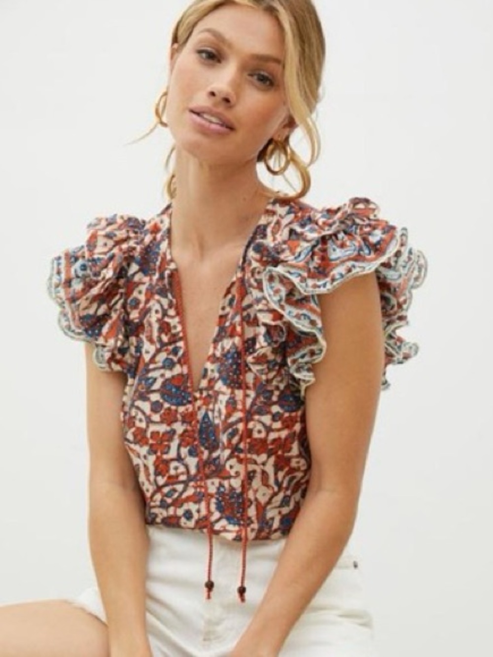 Love the Label Vineyard Ruffled Top in Rust / Blue - XS